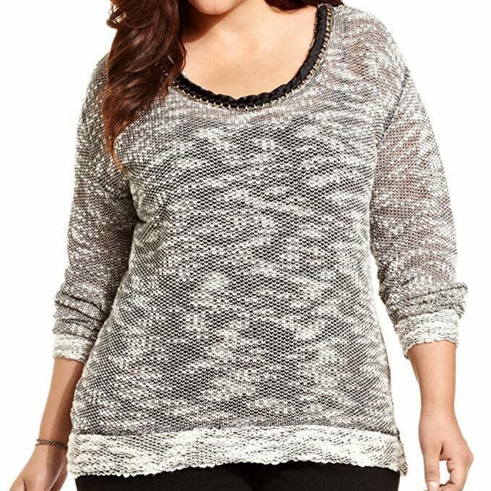 Jessica Simpson Women's Black Marbled Ribbon Chain Link Neck Sweater Plus Sz 1X